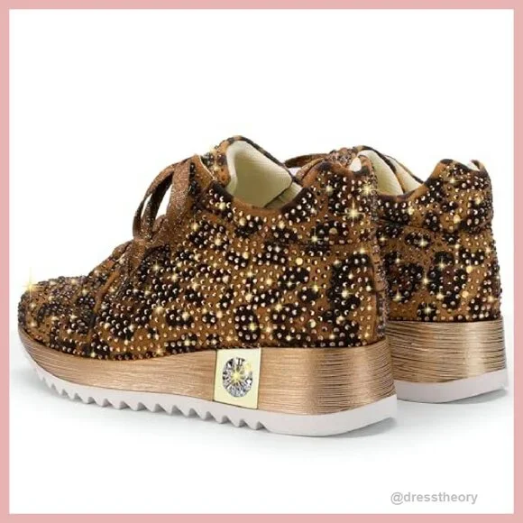 Women's Glitter Platform Sneakers with Rhinestones & Wedge Heel